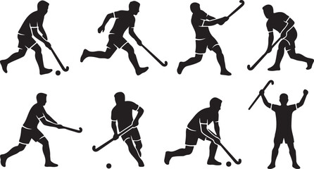 Fototapeta premium Field hockey players silhouettes in action during a match with dynamic poses on a clean background
