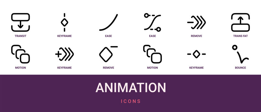 Set of 12 outline web Animation icons such as bounce, keyframe, motion, remove, keyframe, motion, trans fat vector icons for report, presentation, diagram, web design, mobile app