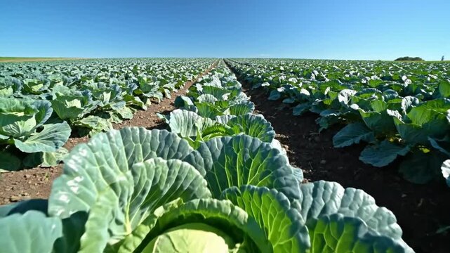 Low angle view of a vast cabbage field under a clear blue sky on a sunny day