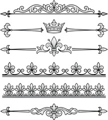 Royal dividers vector set, vintage crown text lines, fleur de lis seamless border patterns, ornamental calligraphic scroll vignettes, black graphics © Graphiccircle