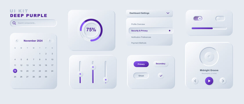 A collection of modern UI design elements in a clean, minimalist style with a deep purple accent. Includes a search bar, calendar, progress circle, sliders, toggle switches, dropdown menus.