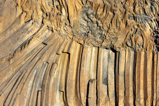 Basalt columns at Aldeyjarfoss waterfall, Iceland. The columns were formed some 9000 years ago from cooling magma from a volcanic event. Northern Iceland.