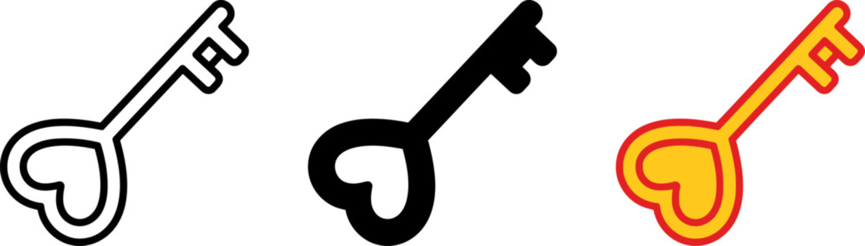 Three colorful key icons in different styles and colors side by side