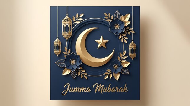 Jumma Mubarak Greeting Card with Elegant 3D Paper Cut Golden Crescent Moon, Star, Traditional Lanterns, and Floral Ornaments on Dark Blue Background