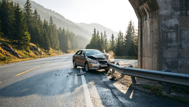 Car accident on road beside concrete bridge and guardrail  Travel