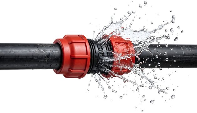 Leaking Black Irrigation Pipe with Red Coupling Connector Water Waste Concept Isolated on White Background. Ideal for Water waste, Irrigation failure, Plumbing damage, Resource conservation concept