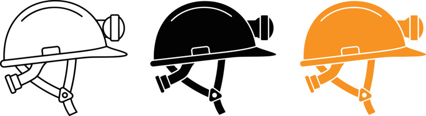 Three different colored mining hard hats with headlamps on white background © vector2029
