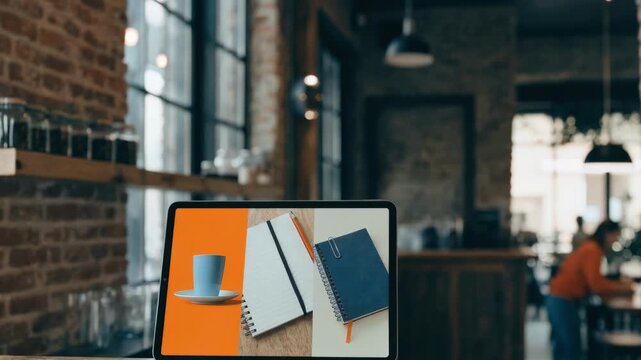 Tablet with an online credit application interface in sharp focus featuring sequential onboarding steps and the edges of a blurred caf&eacute; environment.