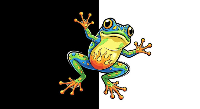 Colorful cartoon frog on black and white background.