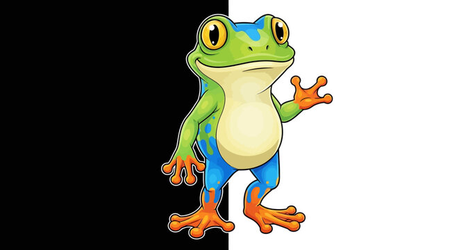 A cartoon green frog standing on black and white background.