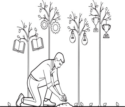 Man planting a seedling among symbolic trees with educational and inspirational icons overhead outdoors