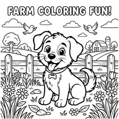 Happy cartoon dog on farm with fields and buildings coloring page.