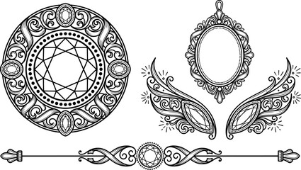 Fototapeta premium Set of ornate vintage jewelry frames, decorative wings and dividers transparent background