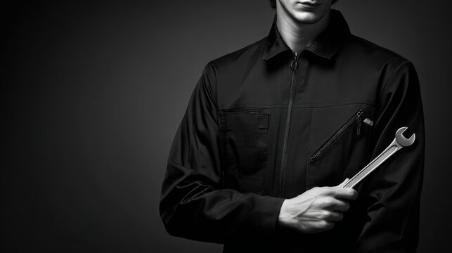 Confident automotive technician wearing a tailored matte black premium coverall with subtle leather details, holding a polished wrench, dark graphite