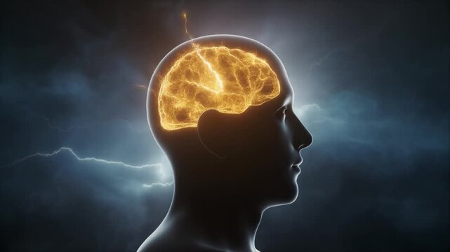 Silhouette of a human head with a glowing, lightning-filled brain against a stormy sky mind