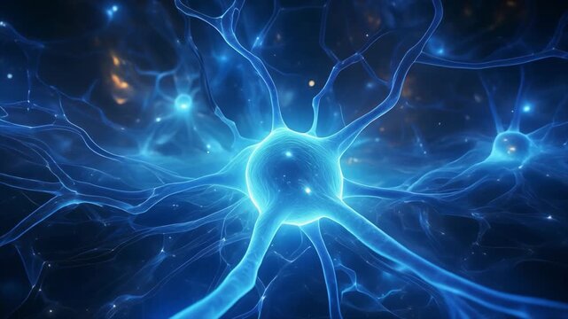 Close-up of a glowing blue neuron cell with branching dendrites and synaptic connections nerve cell