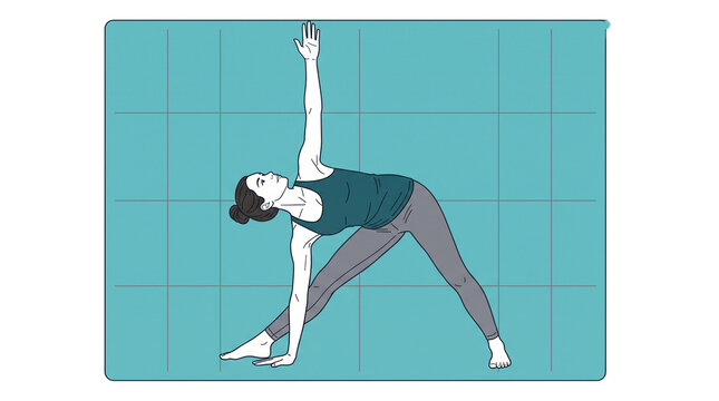 Minimalist yoga illustration of woman in triangle pose, flat vector style fitness exercise on teal background, athletic female stretching in trikonasana
