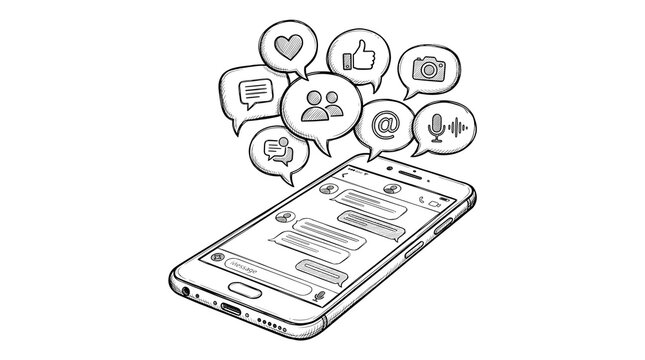 Hand-drawn smartphone with social media icons, black and white sketch of mobile phone messaging app, digital communication concept illustration