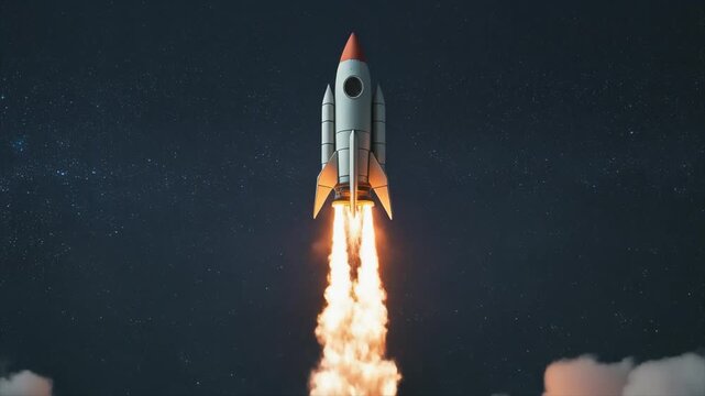 A detailed 3D rocket ship ascends into a starry night sky, propelled by intense orange flames and smoke