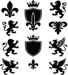 Heraldic symbols vector set, royal coat of arms shields with crowns, rampant lions, winged griffins, fleur de lis, black silhouette emblems © Graphiccircle