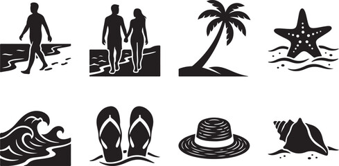 Obraz premium Silhouettes of beach vacation elements in graphic design against a white background