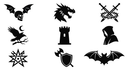 Collection Of Black Silhouette Icons Featuring A Skull Dragon Swords Raven And Castle skeleton © Emon