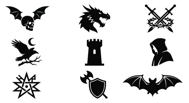 Collection Of Black Silhouette Icons Featuring A Skull Dragon Swords Raven And Castle skeleton