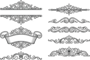 Ornamental dividers vector set, vintage baroque scroll vignettes, calligraphic text line dividers, decorative ribbon frame, fleur de lis filigree collection for headers © Graphiccircle