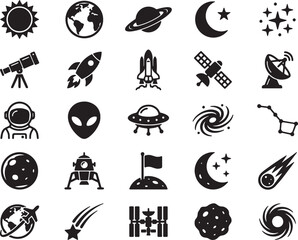Monochromatic grid of space and astronomy featuring planets, rockets, astronauts, uf os, stars, and celestial bodies in a flat style © PixelSaga MH2 