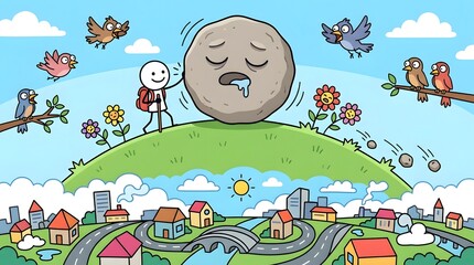 Naklejka premium Sad stone, crying rock, emotional landscape, cartoon city isolated on White Background