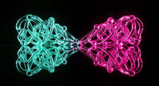 Neon molecular mesh shapes in cyan and magenta for technology concept.

