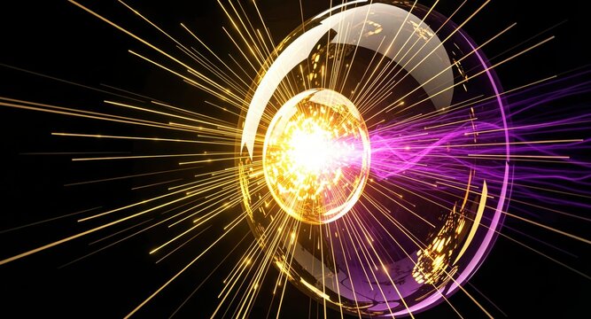 Radiant energy core with golden sparks for futuristic abstract technology.


