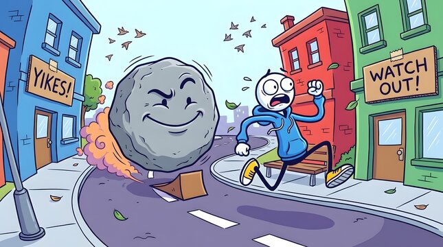 Cartoon boulder, chasing man, city street, humor, comedy, illustration isolated on White Background