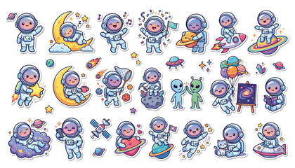 Set of cute cartoon astronauts in space, funny space explorers with planets, stars, aliens and rockets © Siam