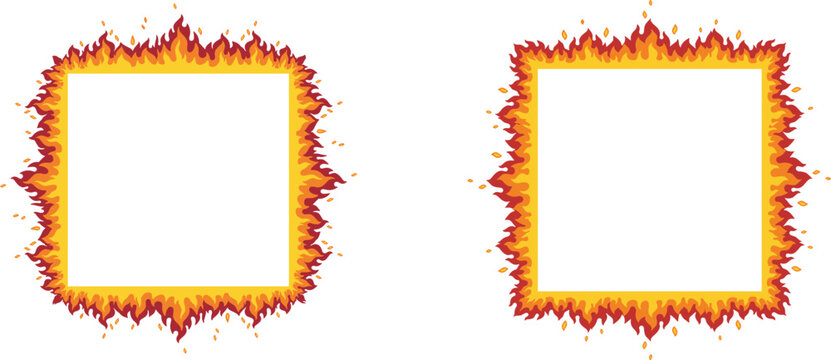 Burning fire square frame with blazing flames, hot border vector illustration isolated design collection