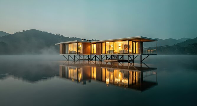 Modern glass cabin over misty lake with warm evening lights.

