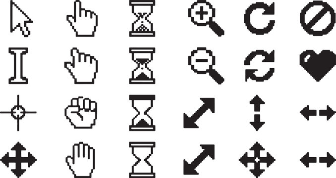 Set of black and white pixel computer mouse cursors, hand gestures, hourglass timers, magnifying glasses, arrows, and interface symbols on a white background