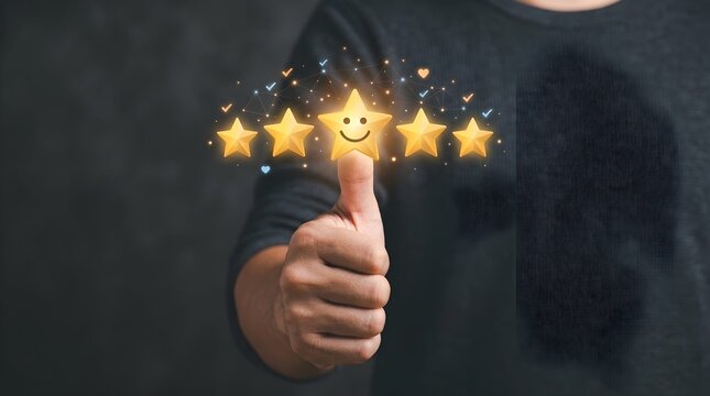 Person giving a thumbs up gesture with five glowing golden stars representing high quality and excellent customer service ratings