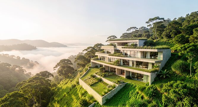 Luxury hillside resort surrounded by tropical forest and morning mist.

