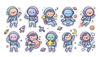Set of cute cartoon astronauts in space, funny space explorers stickers, vector illustration © Siam