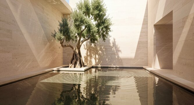 Minimal stone courtyard with olive tree and reflecting water pool.

