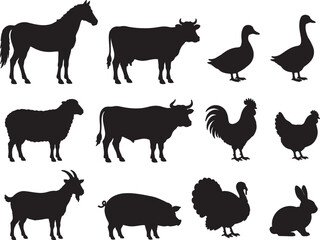 Obraz premium Set of black silhouettes of farm animals, including horse, cow, bull, sheep, goat, pig, rooster, hen, duck, goose, turkey, and rabbit
