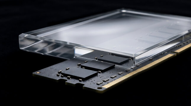 High-tech RAM module with sophisticated design and transparent housing showcasing advanced computing components for modern data processing and intricate circuit pathways
