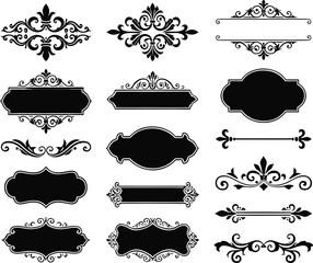 Ornamental labels vector set, vintage baroque frames, decorative text dividers, fleur de lis calligraphic scrolls, black silhouette banners collection © Graphiccircle