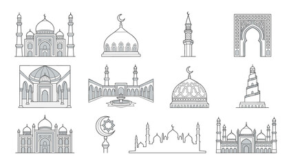 Set of mosque icons, islamic architecture, domes and minarets, religious buildings, vector illustration © Siam