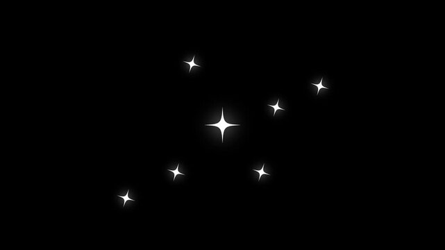 Sparkling stars shine animation on black background. Twinkle star glitter, flat vector doodles,white cartoon, flat, vector, Glow twinkle movement timeline.4k