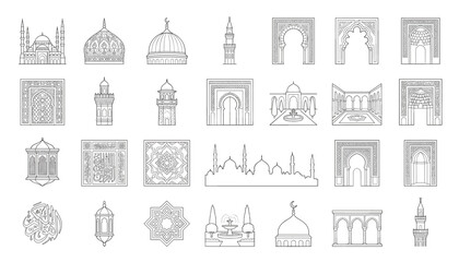 Set of islamic architecture icons, mosque buildings, minarets, traditional arches, patterns, lanterns, and fountains © Siam