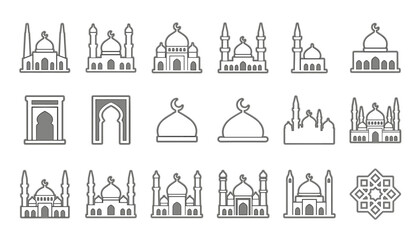 Set of mosque icons, islamic architecture, religious buildings, minarets and domes, vector illustration © Siam