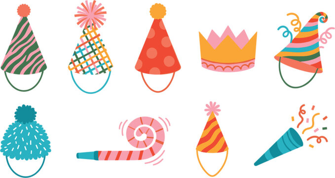Colorful birthday party hats and celebration elements vector set
