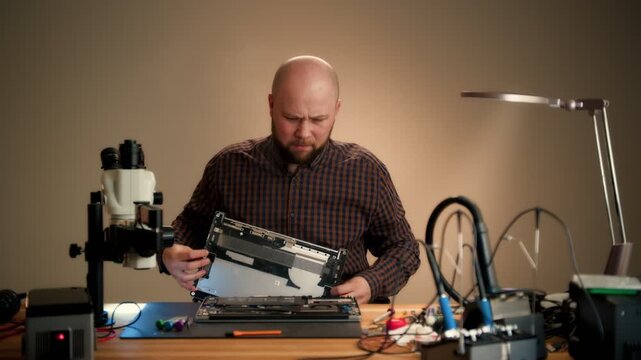 Laptop repair technician opening and inspecting a device at a warm workshop workbench